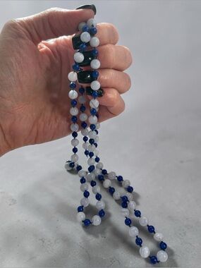 Vintage Blue Lace Agate & Lapis Lazuli Double Knotted Necklace 34” Pearl Clasp